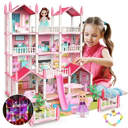 JoyStone Play Dollhouse with Doll Toy Figures, 14 Rooms Furniture and Colorful Lights, Creative Doll House Gift for Girls Ages 3+, Assemble Required, Pink, Pink