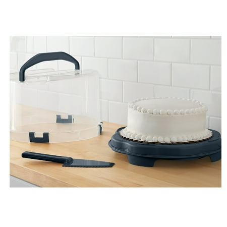 Mainstays Round Plastic Cake and Cupcake Carrier, Clear with Gray Handle, Clasps and Base (1 Each) Includes Slice-and-Server Utensil, 13.2" x 8.5"