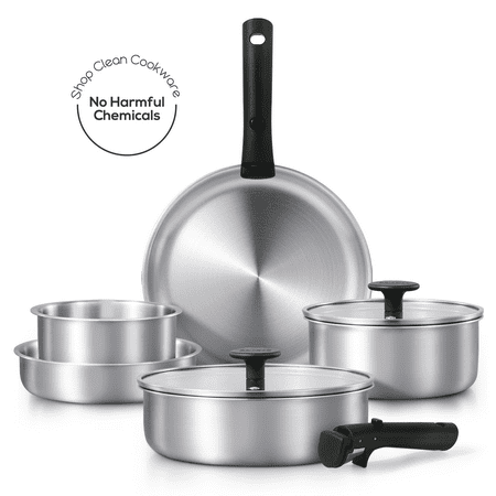 Carote Stainless Steel Pots and Pans, Cookware Set W/Detachable Handle, Oven Safe Induction Cookware, Stainless Steel White Set