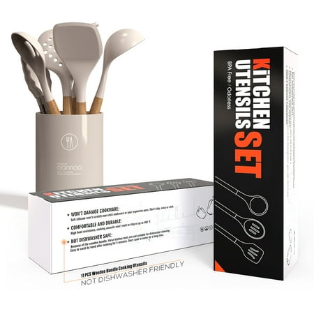 oannao Silicone Cooking Utensils Set - 446?F Heat Resistant Silicone Kitchen Utensils for Cooking,Kitchen Utensil Spatula Set w Wooden Handles,Holder, BPA FREE Gadgets for Non-Stick Cookware (Khaki), Beige