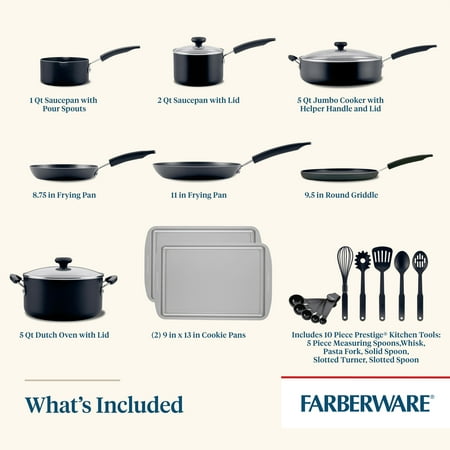 Farberware Easy Clean 22 Piece Nonstick Aluminum Pot and Pan Set, Black, Black