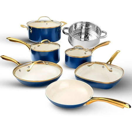 Gotham Steel 12 Piece Pots and Pans Nonstick Set Ceramic Cookware Kitchen Set, With Frying Skillet, Saucepan | Navy Cream