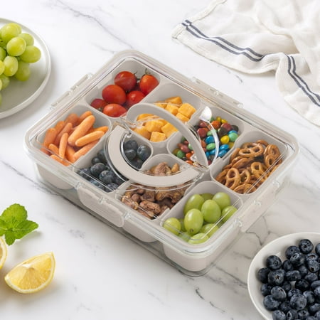 Cook With Color 8-Compartment Snackle Box, Charcuterie Container, Divided Serving Tray with Lid & Handle, TaupeGray,