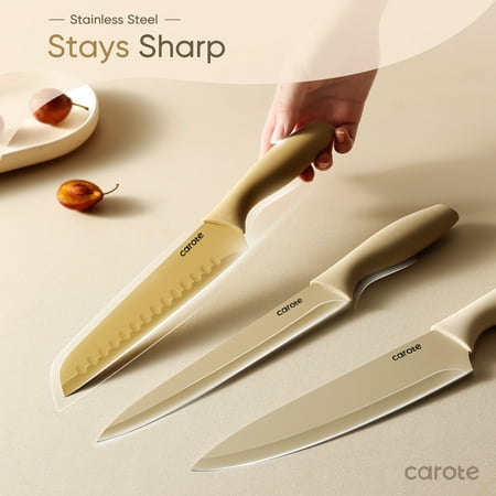 Carote 12 Pcs Kitchen Knife Set, Stainless Steel Knife Set with Creamic Coating, Taupe