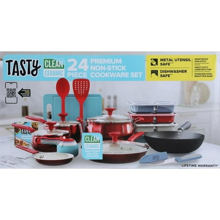 Tasty Clean Ceramic 24 Piece Non-Stick Aluminum Cookware Set, Red