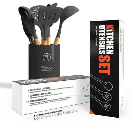 oannao Silicone Cooking Utensils Set - 446?F Heat Resistant Silicone Kitchen Utensils for Cooking,Kitchen Utensil Spatula Set w Wooden Handles,Holder, BPA FREE Gadgets for Non-Stick Cookware (Grey), Gray