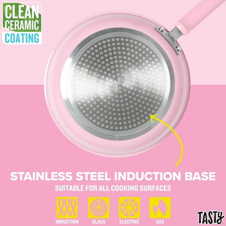 Tasty Clean Ceramic 16 Piece Non-Stick Aluminum Cookware Set, Pink