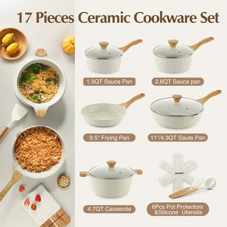 SENSARTE Ceramic Nonstick Pots and Pans Set, 17 Pieces Healthy Non Stick Cookware Set with Pots Protectors, Induction Kitchen Cookware Sets White, PFAS and PFOA Free, White