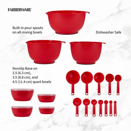 Farberware Pro 23 Piece Plastic Baking Set with Mixing Bowls, Red