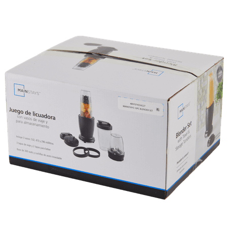 Mainstays 10-Piece Blender Set, Black, 300W, with 3 Jars (10oz, 16oz, 18oz), 2 Drinking Lids, Stainless Steel Blade