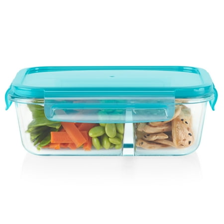 Pyrex MealBox 4-cup Divided Glass Food Storage Container with Turquoise Lid, 3.4 cup