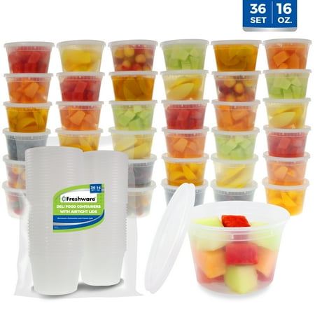 Freshware Food Storage Containers Plastic Deli Containers with Lids, Slime, Soup, Meal Prep Containers | BPA Free | Stackable | Leakproof | Microwave/Dishwasher/Freezer Safe (16 oz, 36-Set), 16 oz, 36-Set