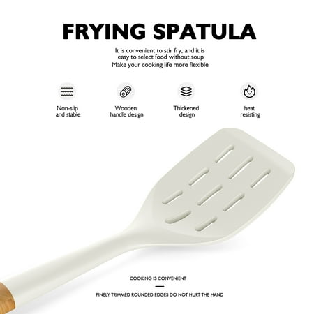 Large Silicone Cooking Utensils - Heat Resistant Kitchen Utensil Set with Wooden Handles, Spatula,Turner, Slotted Spoon, Pasta server, Kitchen Gadgets Tools Sets for Non-Stick Cookware (Warm White)