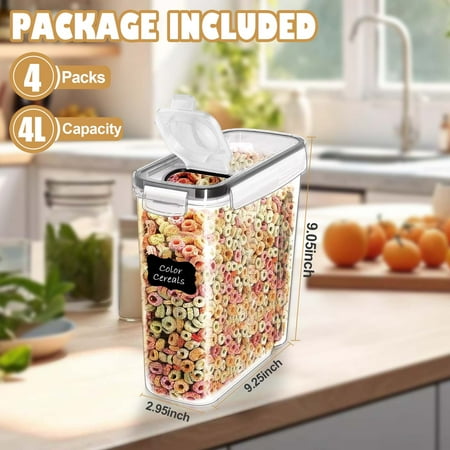 Kosbon Large Cereal Containers Storage Set, 4 Packs Dispenser Approx. 4L Fits Full Standard Size Cereal Box, Airtight Cereal Container Set, Large Plastic Storage Container