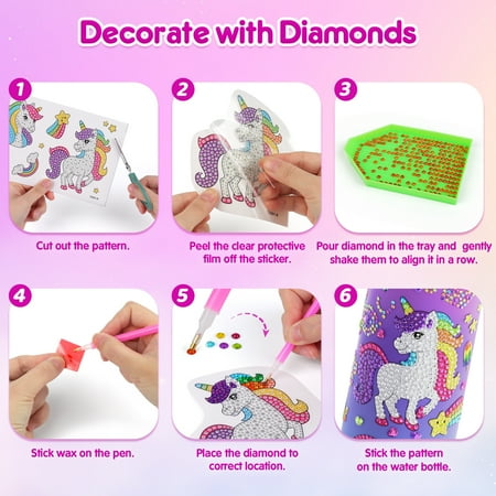 Mocoosy Decorate Your Own Water Bottle Kits for Girls, Unicorn Mermaid Diamond Art Painting Crafts, Kids Personalized Water Bottle for School, Birthday Christmas Gift Toys for Girls Ages 4 6 8 10 12