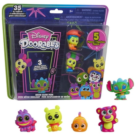 Disney Doorables Neon Glow Peek Figures, 1.5-inch Collectible Figurines, Kids Toys for Ages 5 up