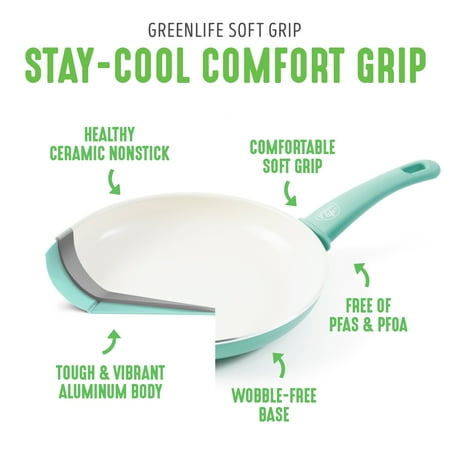 GreenLife 18-Piece Soft Grip Toxin-Free Healthy Ceramic Non-Stick Cookware Set, Turquoise, Dishwasher Safe