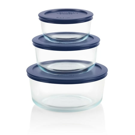 Pyrex 6-piece Round Glass Food Storage Container Set with Blue Lids, 3