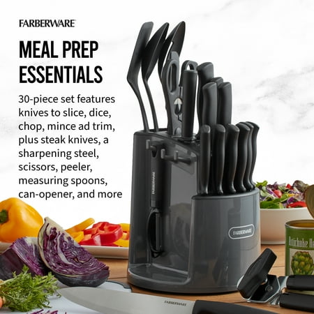 Farberware Classic 30-Piece Spin-N-Store Rotating Carousel Stainless Steel Knife Set & Tool Set Gray, Gray