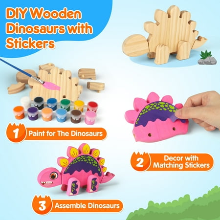 Wooden Dinosaur Painting Art Easter Craft Kit for Kids 3-5, Wood Take Apart Dinosaur Snap Together Building Toy, Build Your Own Dinosaur with Paint and Stickers STEM Game Creative Gift for Boys Girls