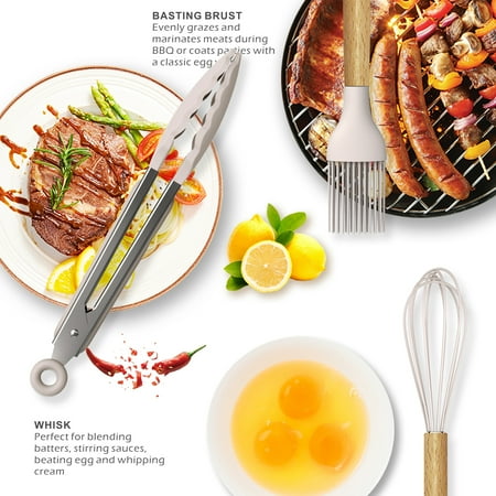 oannao Silicone Cooking Utensils Set - 446?F Heat Resistant Silicone Kitchen Utensils for Cooking,Kitchen Utensil Spatula Set w Wooden Handles,Holder, BPA FREE Gadgets for Non-Stick Cookware (Khaki), Beige
