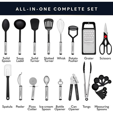 Home Hero 25 Pcs Silicone Spatula Kitchen Utensils Set - Stainless Steel and Nylon, Black, Black, Nylon