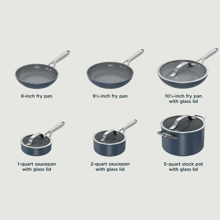 Ninja Neverstick Ceramic Pro 10 Piece Nonstick Ceramic and Aluminum Cookware Set, Stainless Steel, Blue