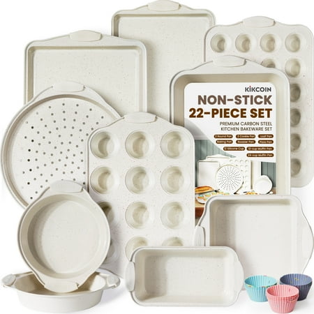 Kikcoin Bakeware Set, 22-Piece Baking Pans Set Kitchen Carbon Steel Baking Sheet Pans with Silicone Handles, Cookie Sheets Nonstick(Beige), Beige
