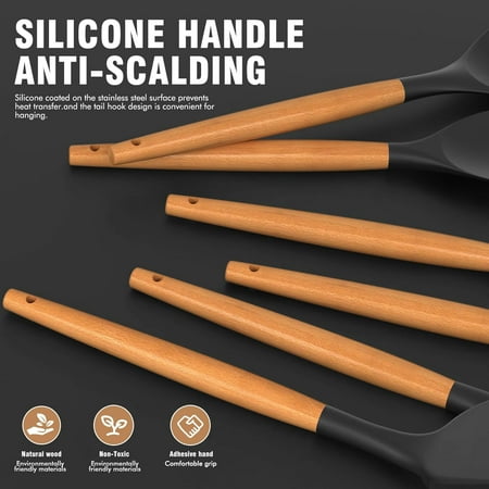 Silicone Cooking Utensils Set - Silicone Kitchen Utensils for Cooking Wooden Handles, 446?F Heat Resistant Kitchen Utensil Spatula Sets w Holder, Gadgets for Non-Stick Cookware BPA FREE (Black)