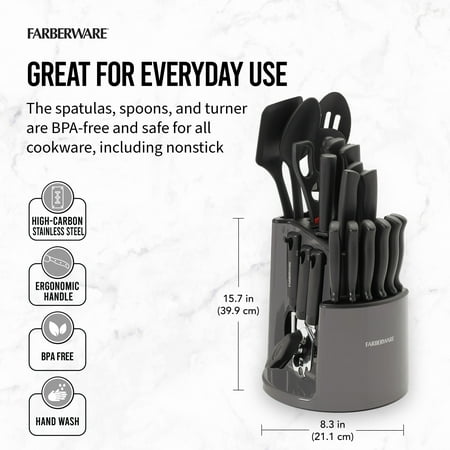 Farberware Classic 30-Piece Spin-N-Store Rotating Carousel Stainless Steel Knife Set & Tool Set Gray, Gray