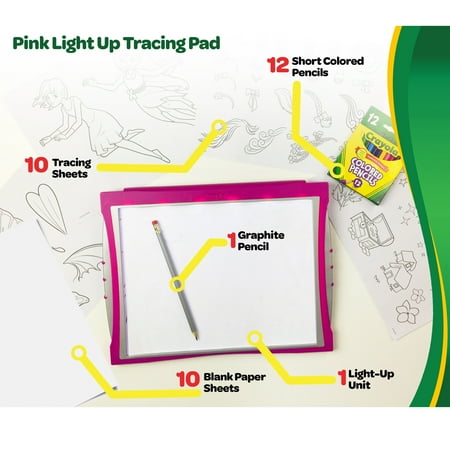 Crayola Pink Light-Up Tracing Pad with Tracing Sheets, Colored Pencils, and Graphite Pencil
