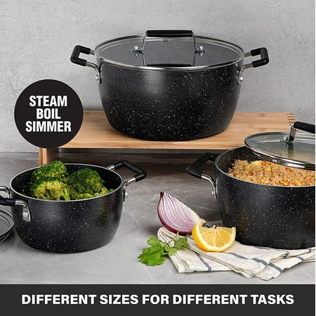 Granitestone Stackable Nonstick Pots 6 Piece Nesting Kitchen Cookware Set Cooking Pots 1.5 Qt 3.5 Qt 5 Qt Black, Black