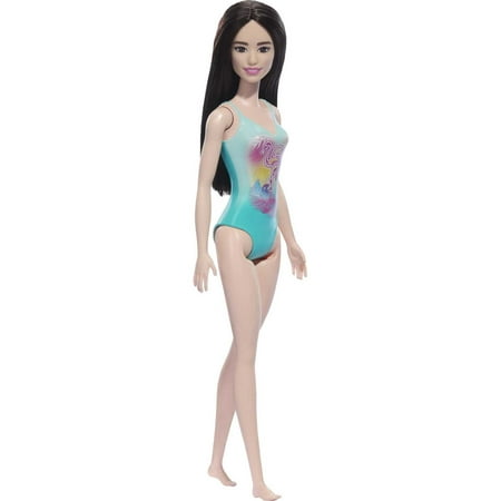 Beach Barbie Doll with Black Hair Wearing Blue One-Piece Swimsuit with Tropical Print