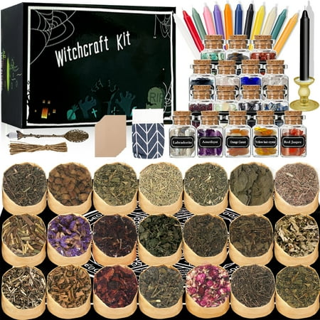 HXXF Witchcraft Supplies Kit for Witch Spells ? 85 PCS Beginner Witch Starter Kit Crystals Jars Dried Herbs and Colored Candles for Witches Pagan Altar Decor - Wiccan Supplies and Tools