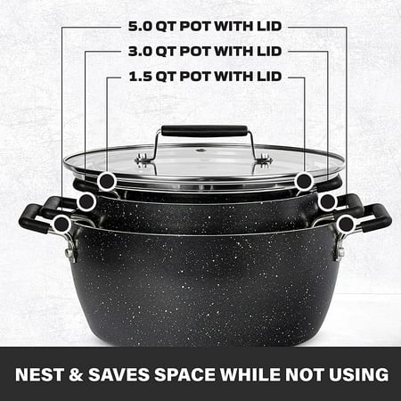 Granitestone Stackable Nonstick Pots 6 Piece Nesting Kitchen Cookware Set Cooking Pots 1.5 Qt 3.5 Qt 5 Qt Black, Black