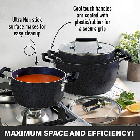 Granitestone Stackable Nonstick Pots 6 Piece Nesting Kitchen Cookware Set Cooking Pots 1.5 Qt 3.5 Qt 5 Qt Black, Black