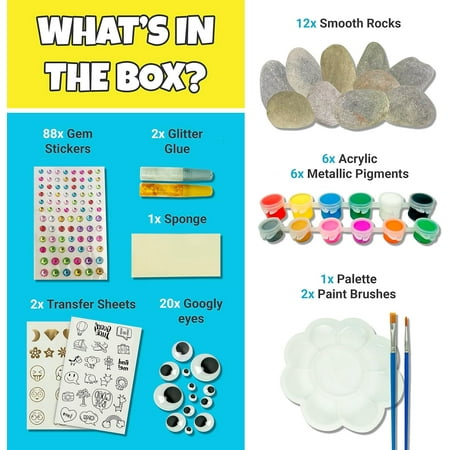 JOYEZA Rock Painting Arts and Crafts Kit with 12 Rocks, Paints, and Accessories