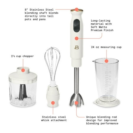 Beautiful 2-Speed Immersion Blender with Chopper & Measuring Cup, White Icing by Drew Barrymore, White