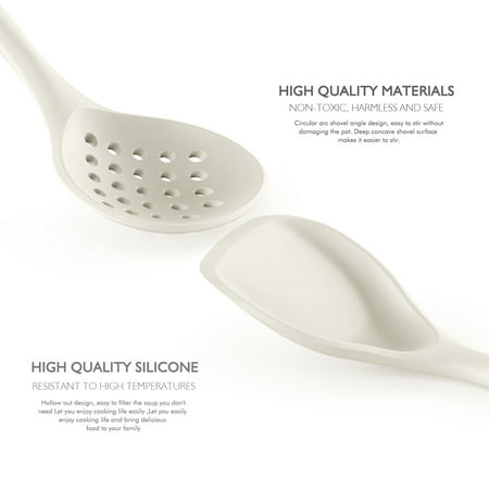 Large Silicone Cooking Utensils - Heat Resistant Kitchen Utensil Set with Wooden Handles, Spatula,Turner, Slotted Spoon, Pasta server, Kitchen Gadgets Tools Sets for Non-Stick Cookware (Warm White)