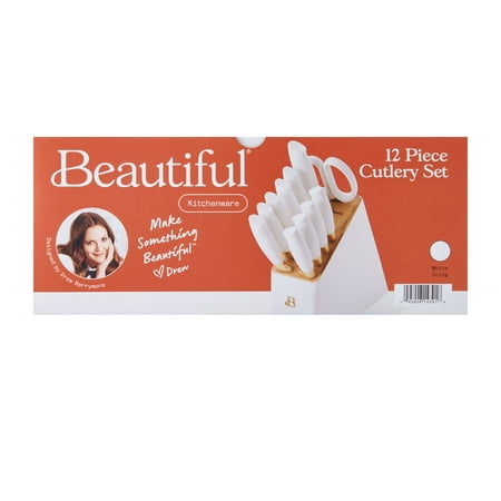 Beautiful 12 Piece Stainless Steel Knife Block Set, Soft-Grip Handles White Icing by Drew Barrymore, White