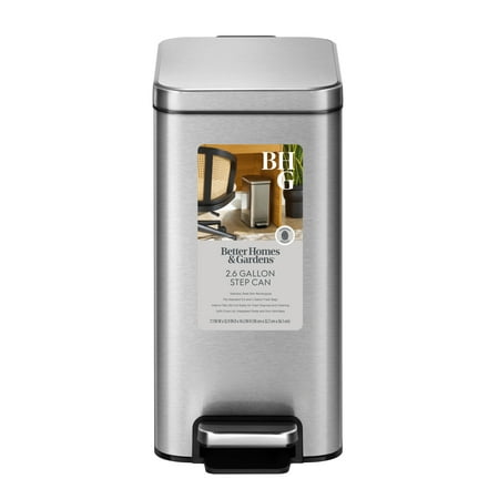 Better Homes & Gardens 2.6G Slim Stainless Steel Step Trash Can; Bedroom Bath Office Step CanSilver,