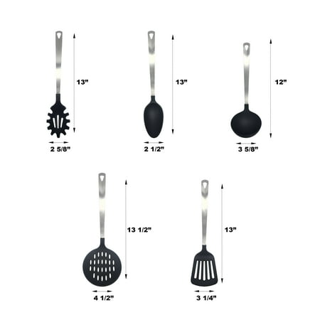 Mainstays Stainless Steel and Nylon Cooking Tool Set, Spoon, Spatula, Ladle, Pasta Spoon and Skimmer Assorted Colors