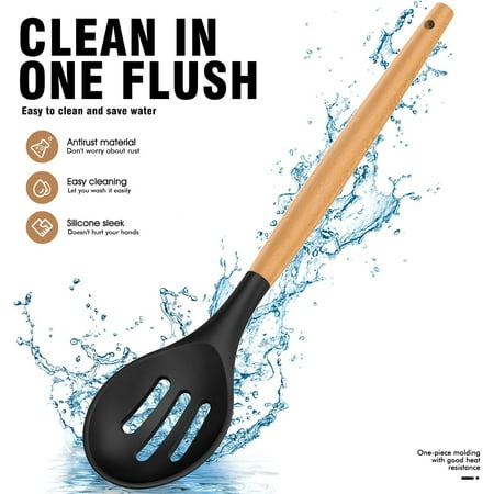 Silicone Cooking Utensils Set - Silicone Kitchen Utensils for Cooking Wooden Handles, 446?F Heat Resistant Kitchen Utensil Spatula Sets w Holder, Gadgets for Non-Stick Cookware BPA FREE (Black)