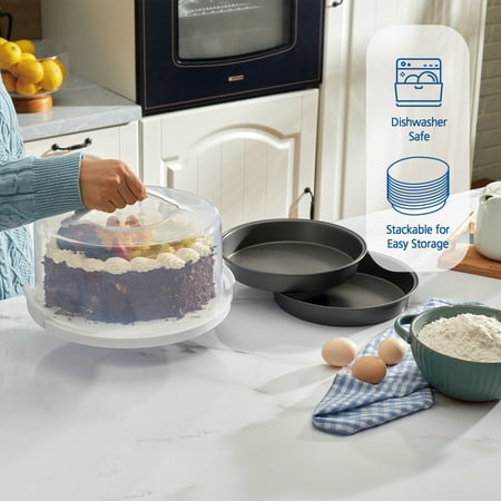 Mainstays 12 inch Clear Cake Carrier with 2pk 9 inch Gray Round Pans, Carbon Steel