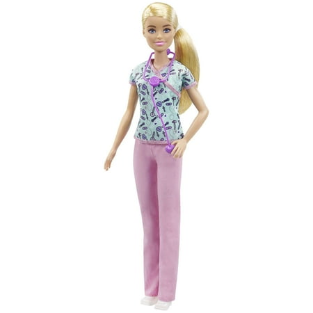 Barbie Nurse Fashion Doll Dressed in Medical Scrubs, White Shoes & Stethoscope Accessory, One Size, 12"