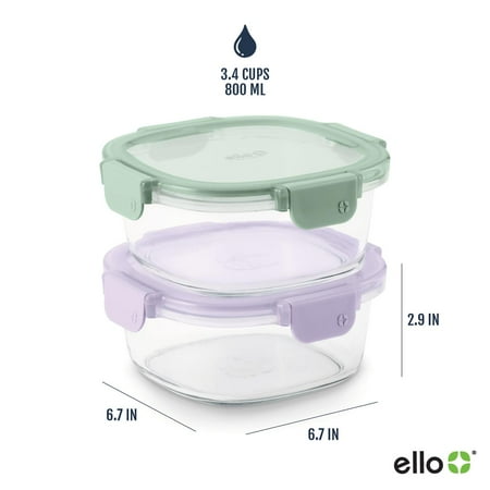 Ello Color Lock 3.4-Cup Round Glass Food Storage Container, 2pk