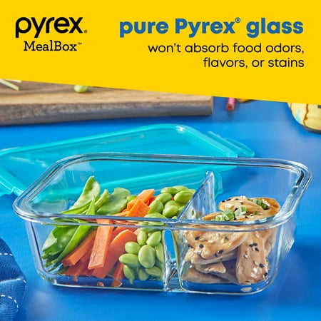 Pyrex MealBox 2.3-cup Divided Glass Food Storage Container with Blue Lid, 2.1 cup
