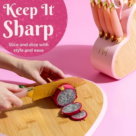 Paris Hilton 10-Piece Heart-Shaped Stainless Steel Knife Block Set, Pink, Pink