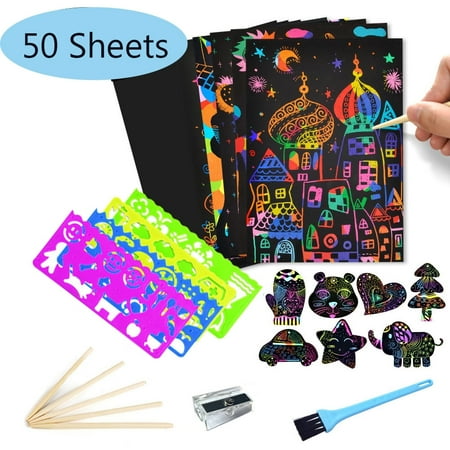 MAINYU Scratch Paper Art Set for Kids - 50 Sheets Scratch Off Arts and Crafts Supplies Kits Sheet Pack for Children Girls Boys Birthday Game Party Favor Christmas Craft Gifts-7.5''