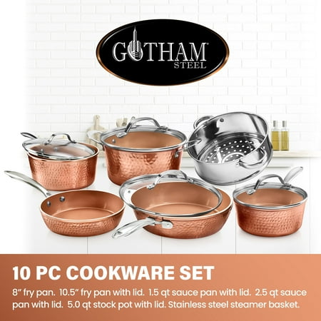 Gotham Steel Hammered Nonstick Pots and Pans 10 Pcs Kitchen Ceramic Cookware Set Cooking Frying Skillet Sauce Pan
